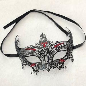 Black Metal Masquerade Mask with Red Rhinestones Handmade
